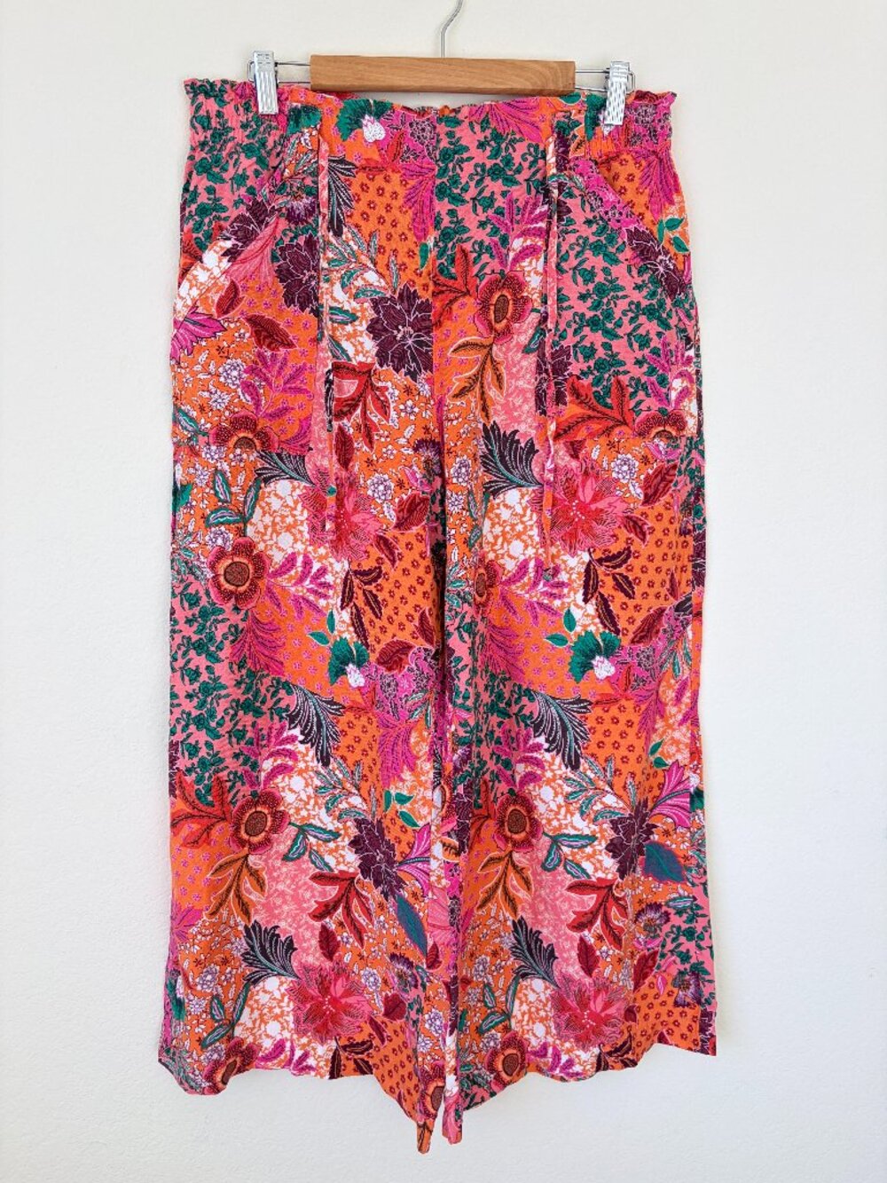 LOFT Pants Womens Large Orange Pink Floral Linen Wide Leg Crop Pull On Boho L